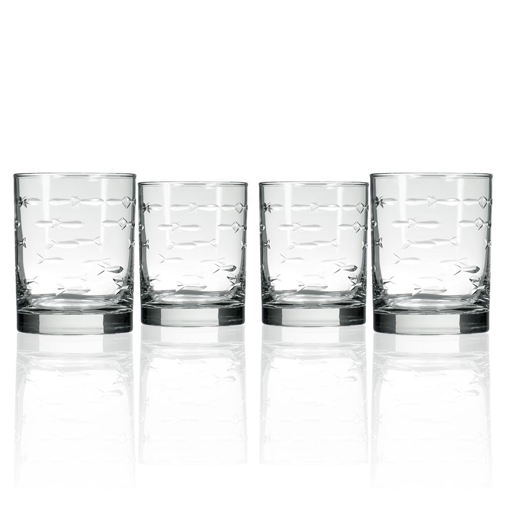 School of Fish on The Rocks Glasses 10 oz. Set of 4 by Rolf Glass