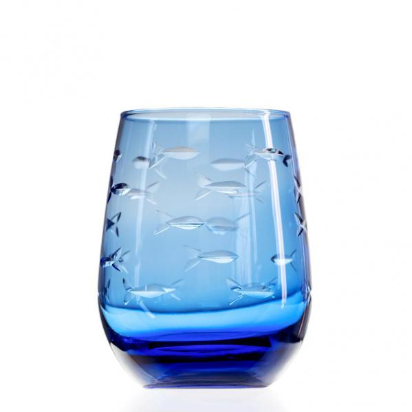 School of Fish Blue Stemless Wine Glass Tumblers 15 oz. Set of 4 by Rolf Glass